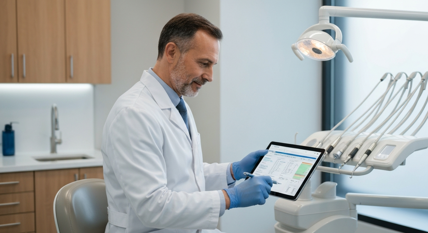 Dentista analisando dados em tablet