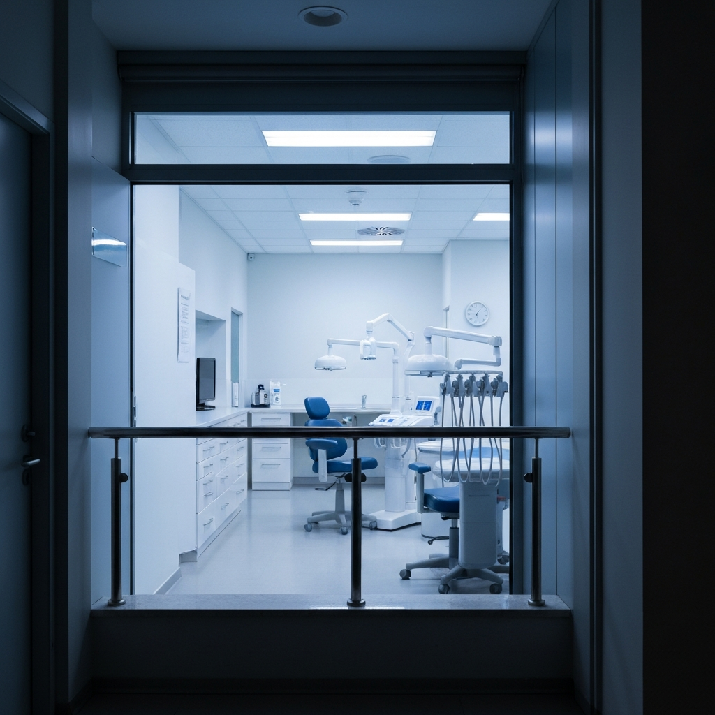 Recepção de clínica odontológica vazia fora do horário