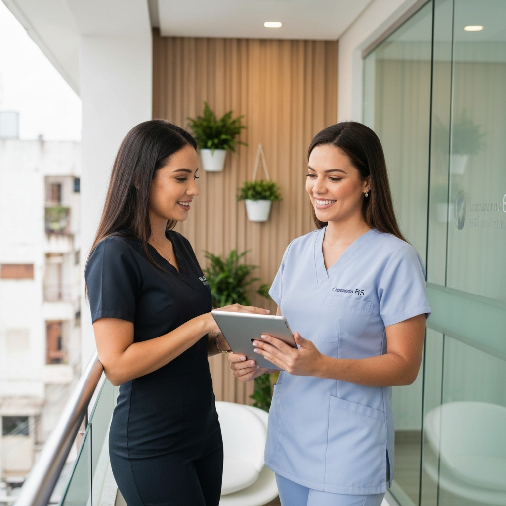 Dentista e recepcionista analisando a agenda da clínica
